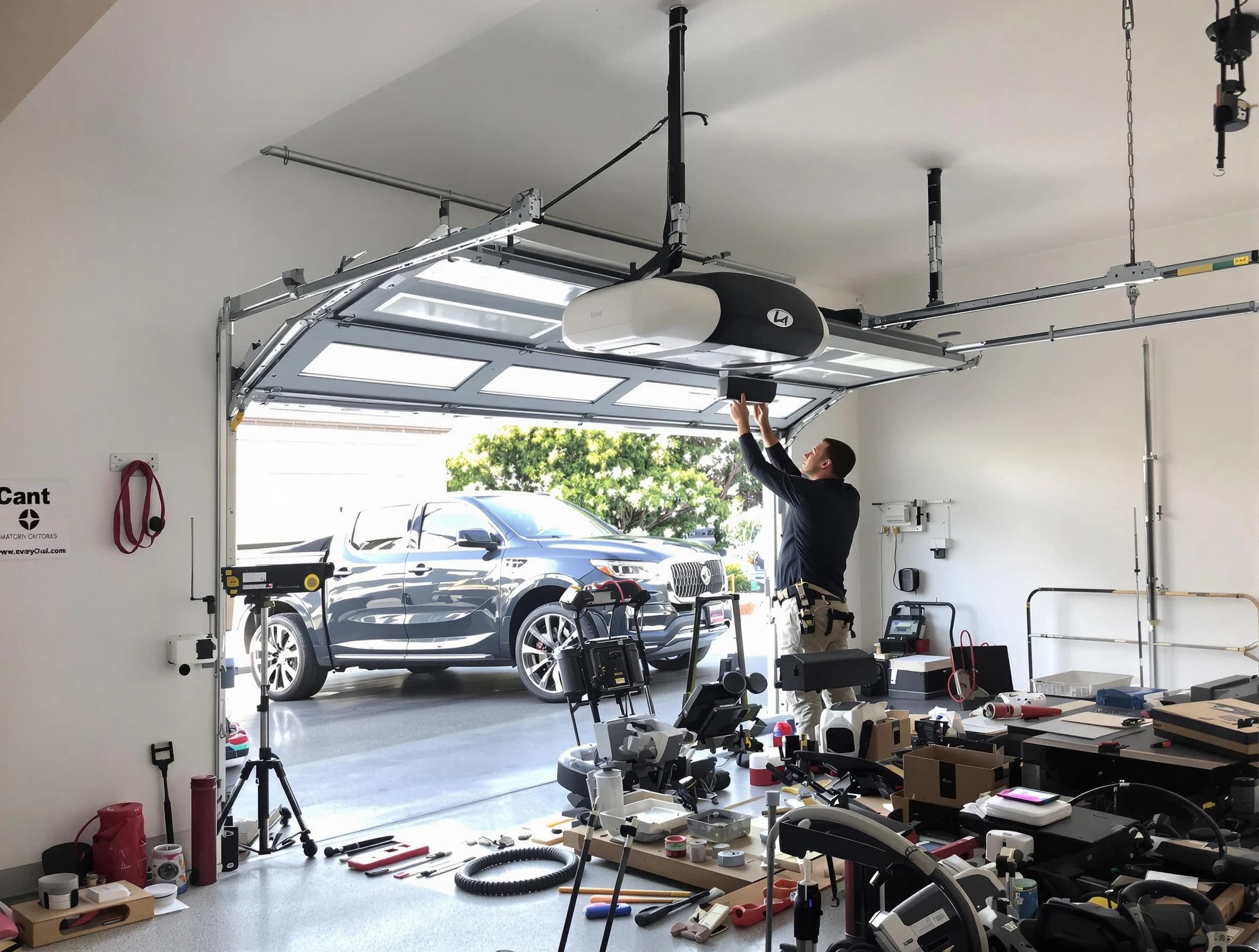 Sandy Springs Garage Door Repair specialist installing smart garage door opener system in Sandy Springs home