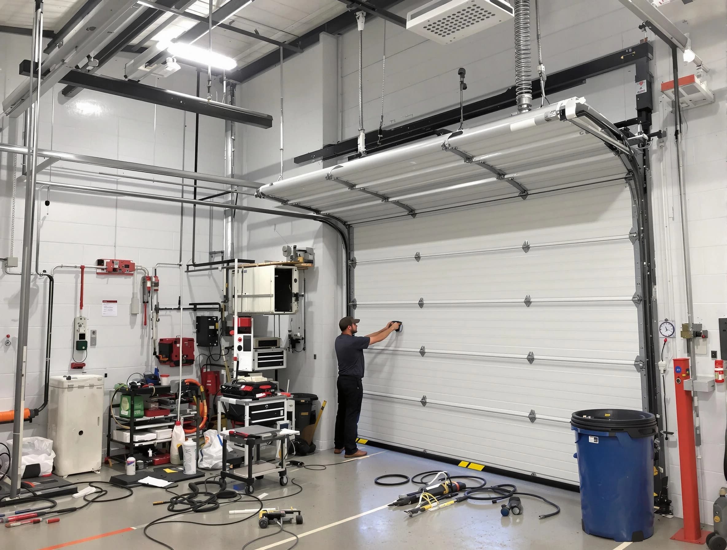 Sandy Springs Garage Door Repair certified technician performing commercial door repair at a Sandy Springs business facility