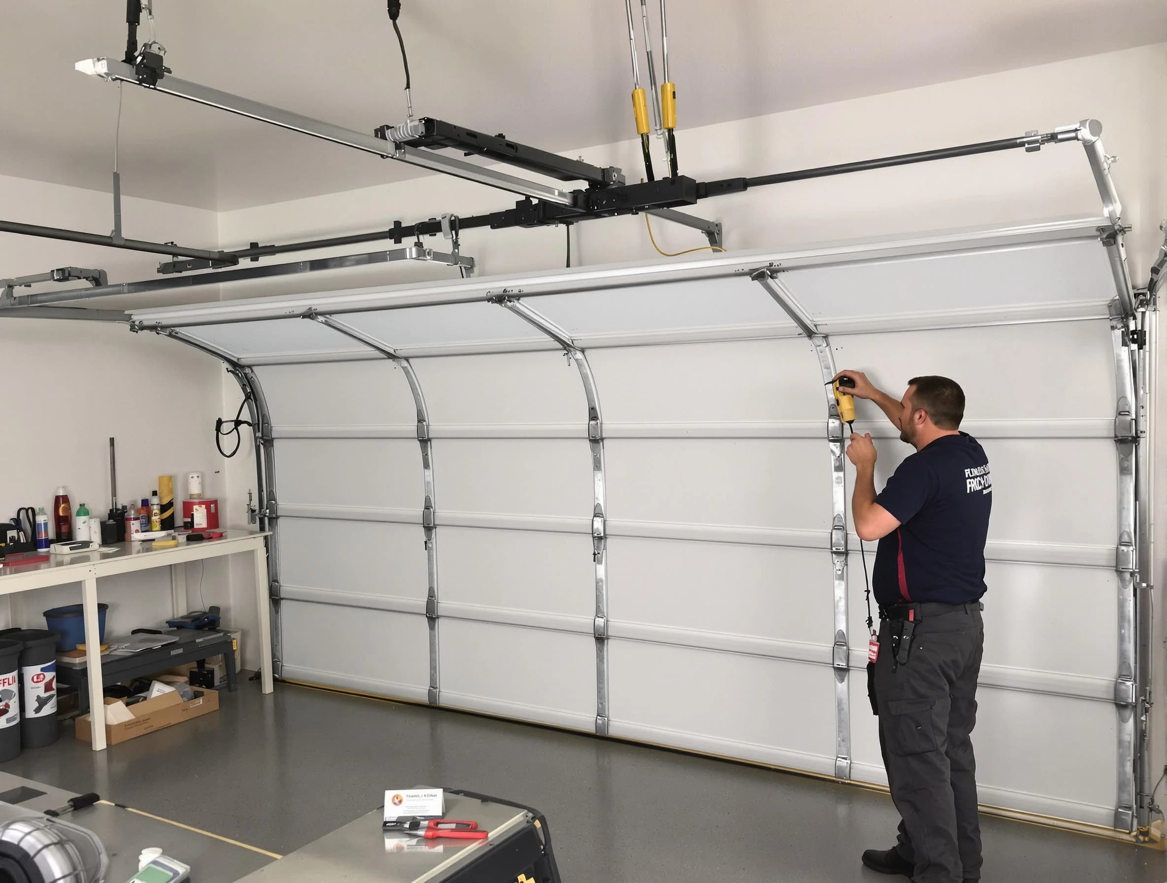 Sandy Springs Garage Door Repair certified technician performing overhead door system repair in Sandy Springs