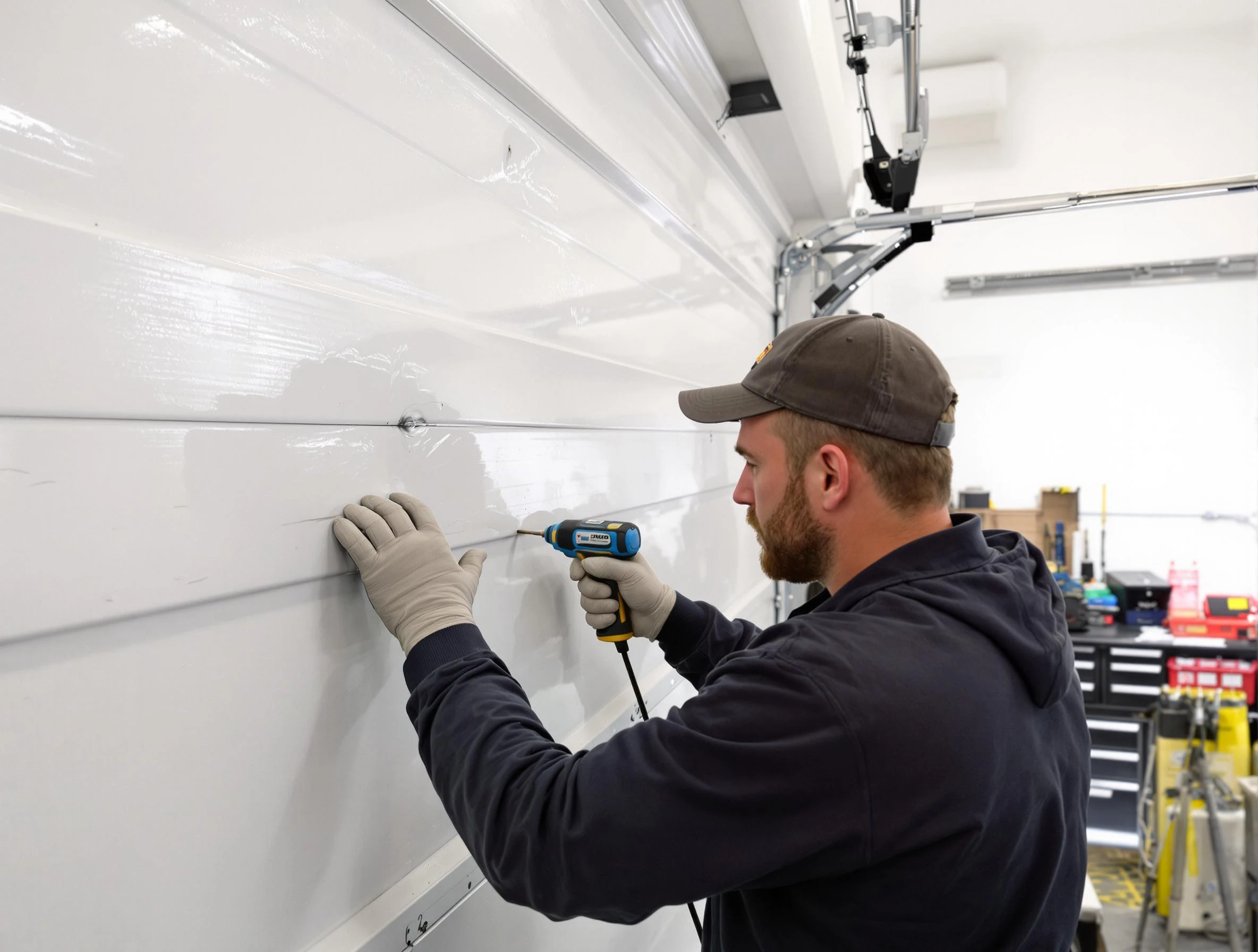 Sandy Springs Garage Door Repair technician demonstrating precision dent removal techniques on a Sandy Springs garage door