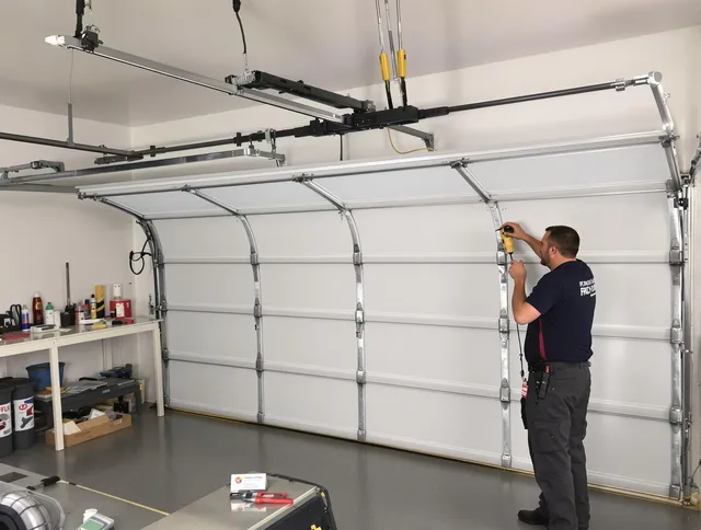 Sandy Springs Garage Door Repair certified technician performing overhead door system repair in Sandy Springs