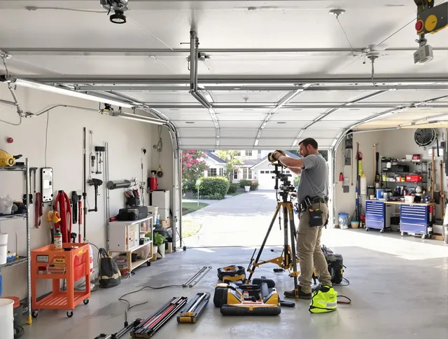 Sandy Springs Garage Door Repair specialist performing laser-guided track alignment in Sandy Springs